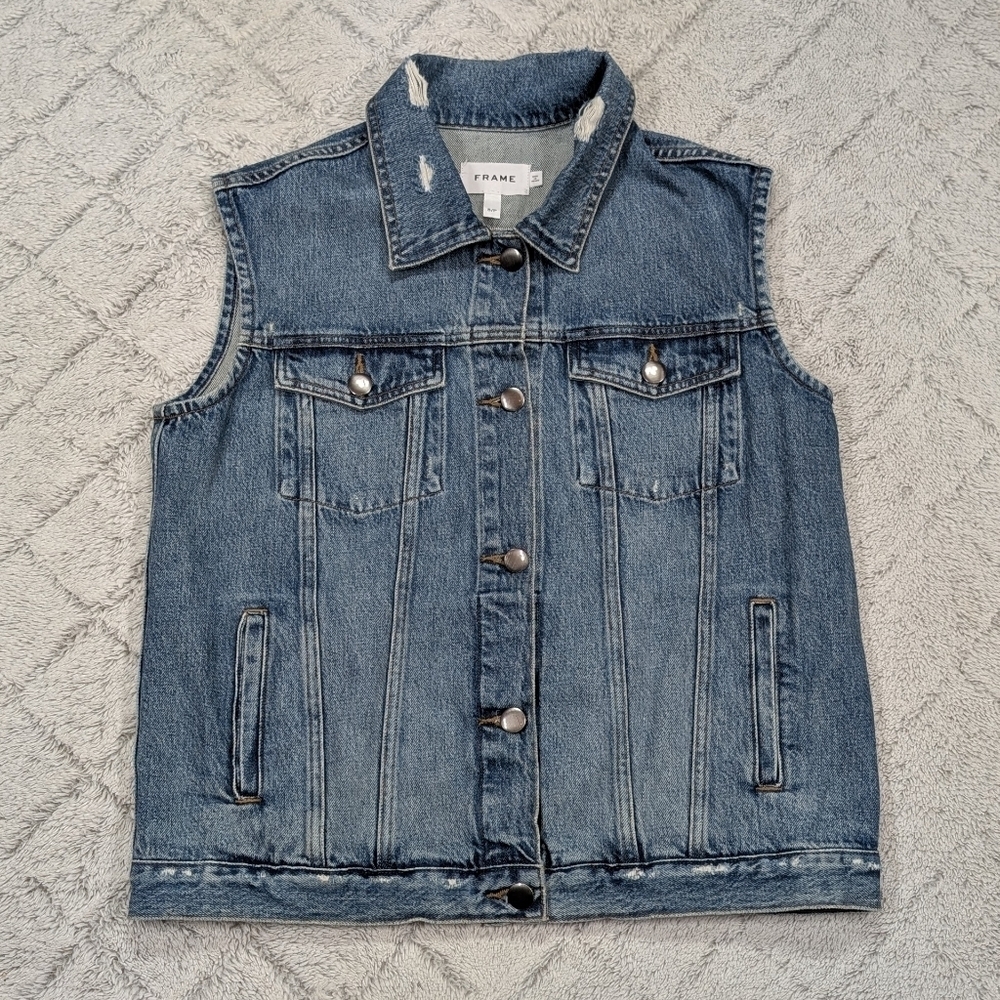 Frame Vest Jacket Womens S Petite Blue Denim Trucker Relax Button Up Moto Chic
